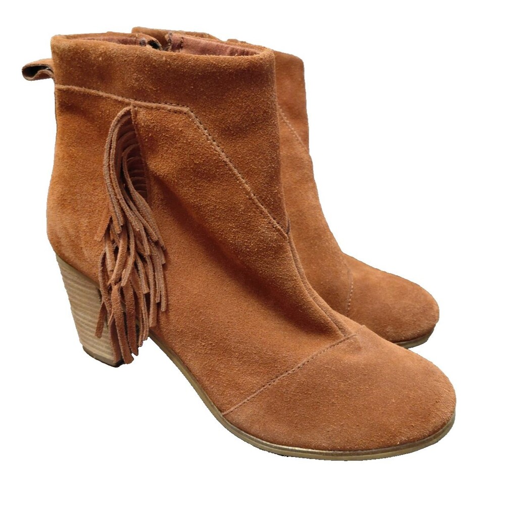 Toms Lunata Booties Ankle Boots Cognac Suede Fringe Women's Size 9.5 Side Zipper